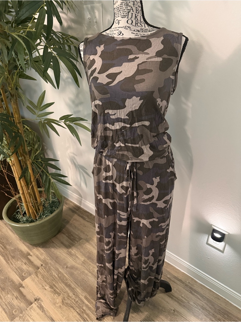 New. Zenana Outfitters Sleeveless Camo Jumpsuit in Olive and Gray